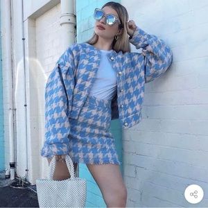 Luxedress pink and blue houndstooth tweed jacket